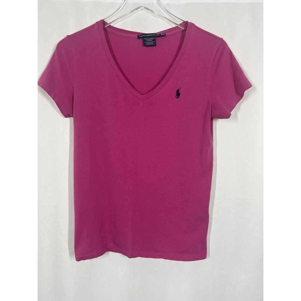 Ralph Lauren Shirt Womens V-Neck Short Sleeve Cotton Pink Barbiecore Medium
